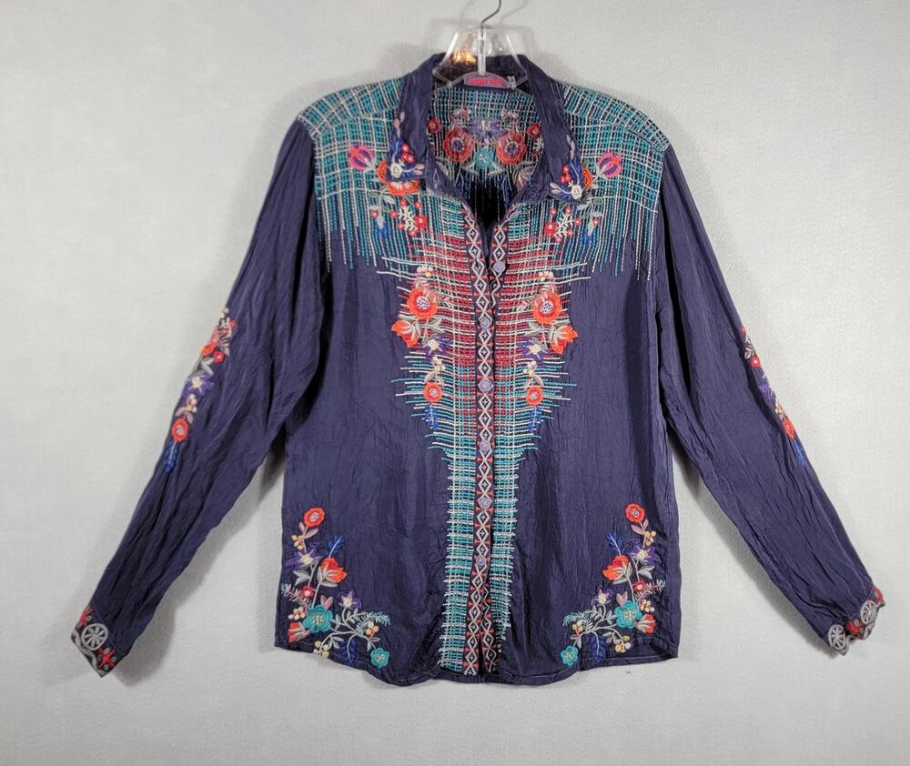Johnny Was Small Purple Floral Embroidered Button Down Cupra Rayon Blouse Tunic
